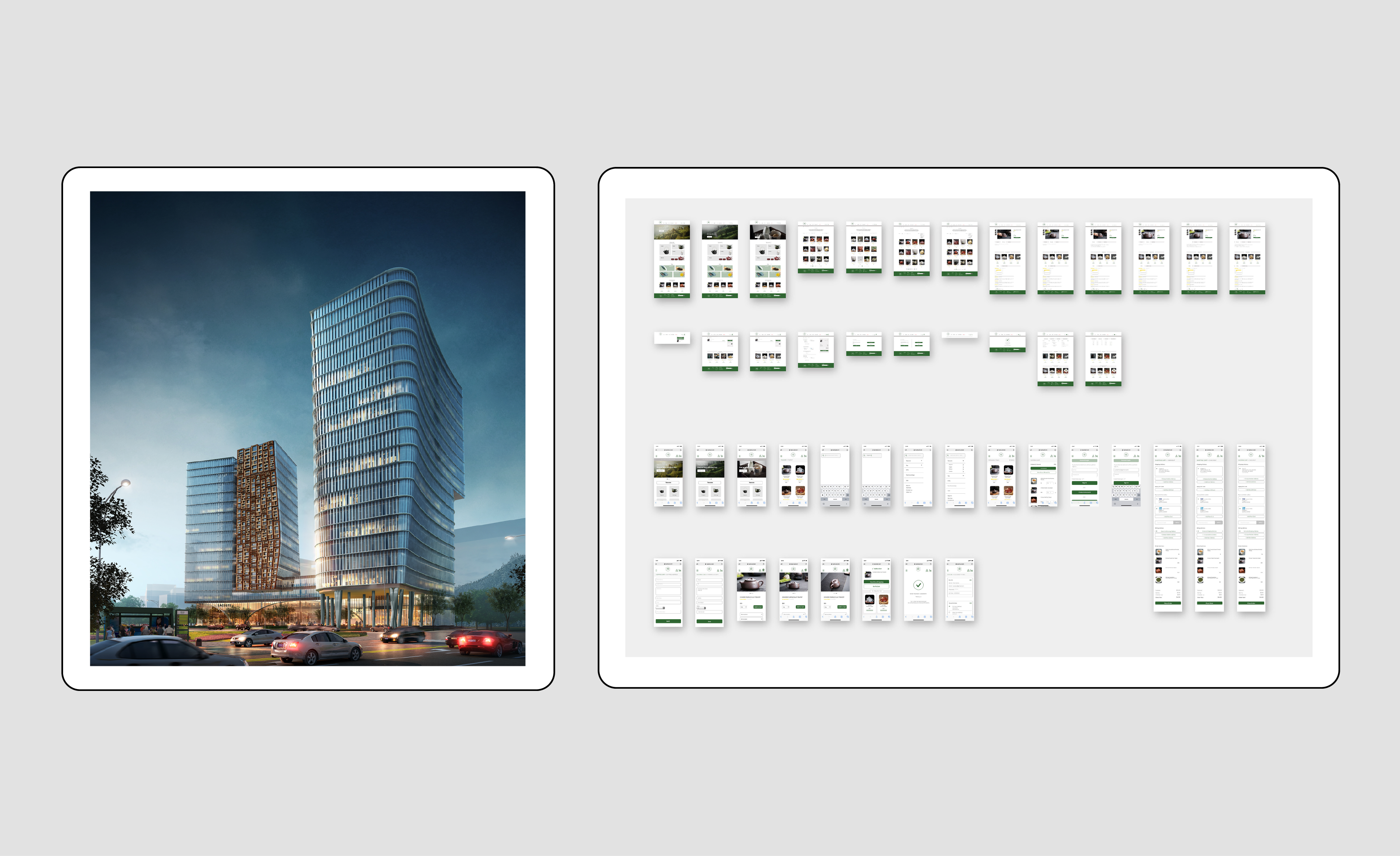 Architecture render and UX boards in frames